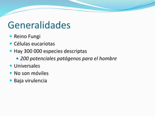 Generalidades
 Reino Fungi
 Células eucariotas
 Hay 300 000 especies descriptas
 200 potenciales patógenos para el hombre
 Universales
 No son móviles
 Baja virulencia
 