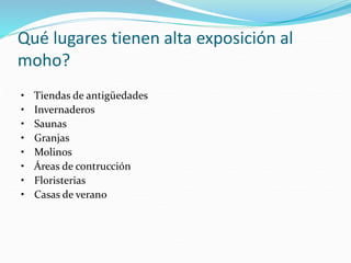 Qué lugares tienen alta exposición al
moho?
• Tiendas de antigüedades
• Invernaderos
• Saunas
• Granjas
• Molinos
• Áreas de contrucción
• Floristerias
• Casas de verano
 