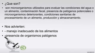 • ¿Que son?
• son microorganismos utilizados para evaluar las condiciones del agua o
un alimento, contaminación fecal, presencia de patógenos potenciales o
microorganismos deteriorantes, condiciones sanitarias de
procesamiento de un alimento, producción y almacenamiento.
• Nos advierten:
• - manejo inadecuado de los alimentos
• -presencia de organismos patógenos
 