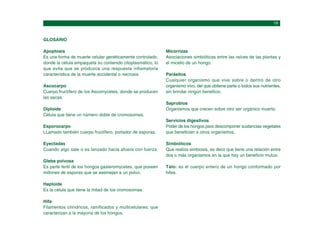 GLOSARIO
Apoptosis
Es una forma de muerte celular genéticamente controlado,
donde la célula empaqueta su contenido citoplasmático, lo
que evita que se produzca una respuesta inflamatoria
característica de la muerte accidental o necrosis.
Ascocarpo
Cuerpo fructífero de los Ascomycetes, donde se producen
las ascas.
Diploide
Célula que tiene un número doble de cromosomas.
Esporocarpo
LLamado también cuerpo fructífero, portador de esporas.
Eyectadas
Cuando algo sale o es lanzado hacia afuera con fuerza.
Gleba polvosa
Es parte fertil de los hongos gasteromycetes, que poseen
millones de esporas que se asemejan a un polvo.
Haploide
Es la célula que tiene la mitad de los cromosomas.
Hifa
Filamentos cilíndricos, ramificados y multicelulares; que
caracterizan a la mayoría de los hongos.
Micorrizas
Asociaciones simbióticas entre las raíces de las plantas y
el micelio de un hongo.
Parásitos
Cualquier organismo que vive sobre o dentro de otro
organismo vivo, del que obtiene parte o todos sus nutrientes,
sin brindar ningún beneficio.
Saprobios
Organismos que crecen sobre otro ser orgánico muerto.
Servicios digestivos
Poder de los hongos para descomponer sustancias vegetales
que benefician a otros organismos.
Simbióticos
Que realiza simbiosis, es decir que tiene una relación entre
dos o más organismos en la que hay un beneficio mutuo.
Talo: es el cuerpo entero de un hongo conformado por
hifas.
 