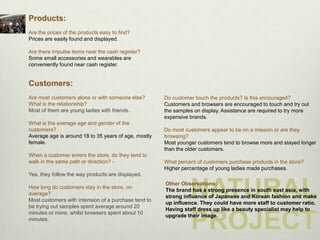 Products:
Are the prices of the products easy to find?
Prices are easily found and displayed.

Are there impulse items near the cash register?
Some small accessories and wearables are
conveniently found near cash register.


Customers:
Are most customers alone or with someone else?        Do customer touch the products? Is this encouraged?
What is the relationship?                             Customers and browsers are encouraged to touch and try out
Most of them are young ladies with friends.           the samples on display. Assistance are required to try more
                                                      expensive brands.
What is the average age and gender of the
customers?                                            Do most customers appear to be on a mission or are they
Average age is around 18 to 35 years of age, mostly   browsing?
female.                                               Most younger customers tend to browse more and stayed longer
                                                      than the older customers.
When a customer enters the store, do they tend to
walk in the same path or direction? -                 What percent of customers purchase products in the store?
                                                      Higher percentage of young ladies made purchases.
Yes, they follow the way products are displayed.

How long do customers stay in the store, on
average?
Most customers with intension of a purchase tend to
be trying out samples spent average around 20
                                                                NATURAL
                                                      Other Observations:
                                                      The brand has a strong presence in south east asia, with
                                                      strong influence of Japanese and Korean fashion and make
                                                      up influence. They could have more staff to customer ratio.
                                                      Having staff dress up like a beauty specialist may help to


                                                                PROJECT
minutes or more, whilst browsers spent about 10
                                                      upgrade their image.
minutes.
 