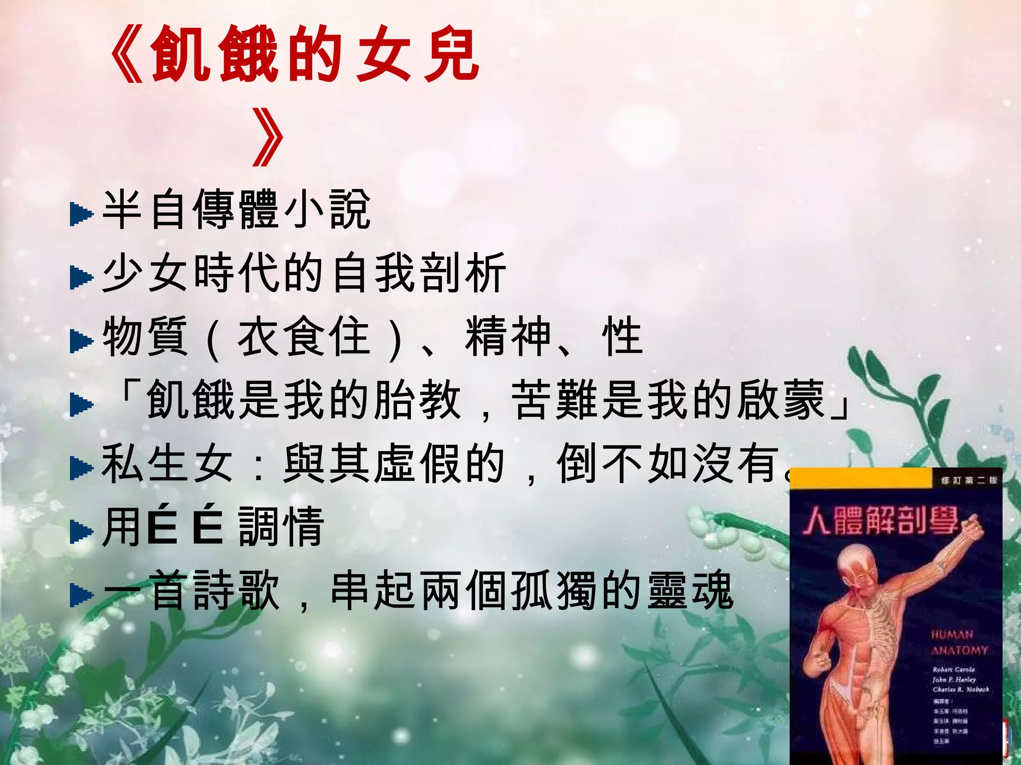 《 飢餓的女兒 》 半自傳體小說 少女時代的自我剖析 物質（衣食住）、精神、性 「飢餓是我的胎教，苦難是我的啟蒙」 私生女：與其虛假的，倒不如沒有。 用……調情 一首詩歌，串起兩個孤獨的靈魂 