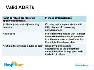 Valid ADRTs

I wish to refuse the following        In these circumstances:-
specific treatments:-
Artificial (mechanical) breathing     If I have had a severe stroke with
machine                               little chance of recovering
                                      consciousness
Antibiotics                           If my dementia means that I cannot
                                      not make the decision, in the event
                                      that I have a severe chest infection
                                      that might threaten my life.
Artificial feeding (via a tube or drip) When my dementia has
                                        deteriorated to the point that I
                                        cannot swallow safely, even with
                                        the help of others
 