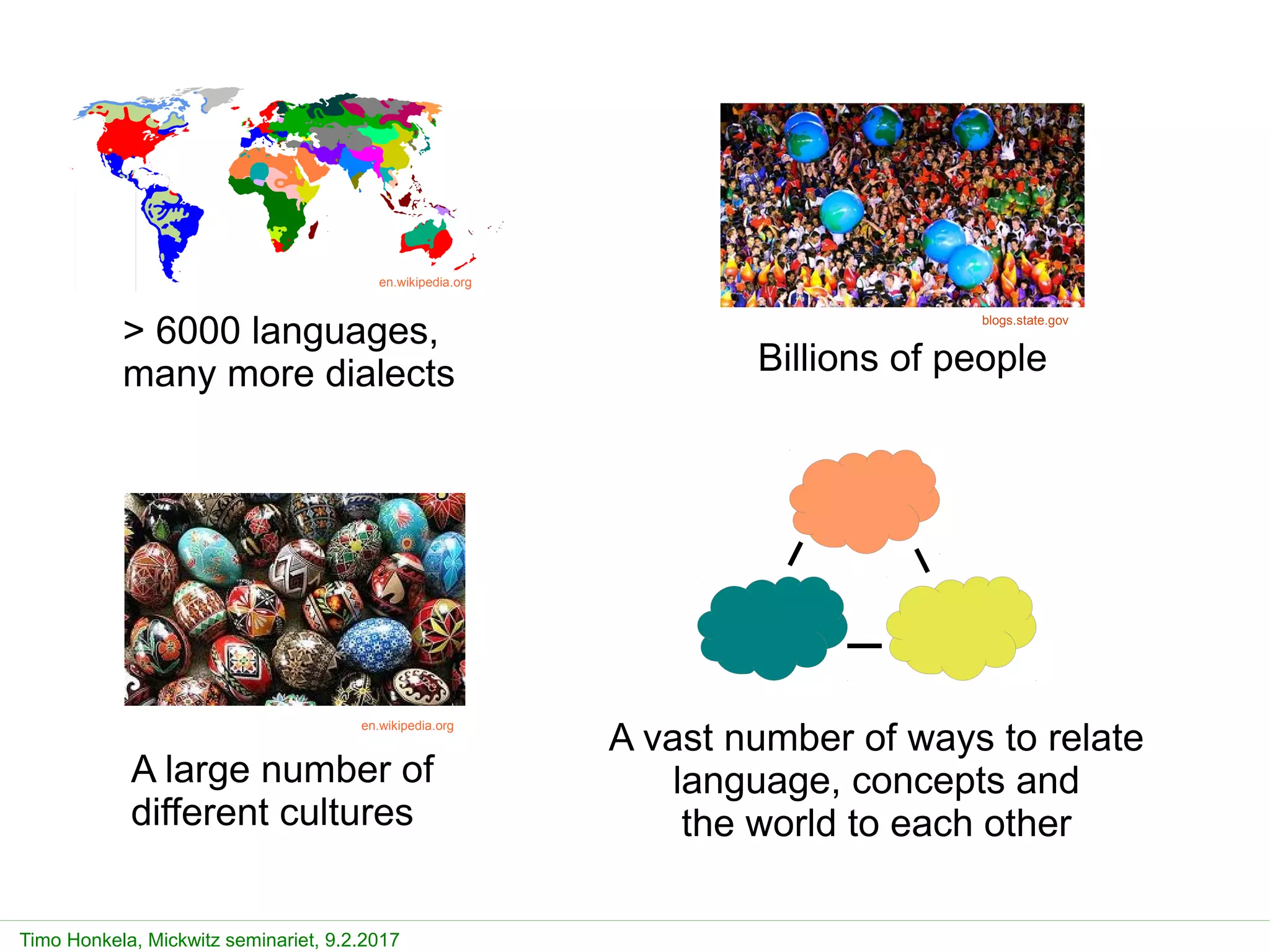 Timo Honkela, Mickwitz seminariet, 9.2.2017
> 6000 languages,
many more dialects Billions of people
blogs.state.gov
en.wikipedia.org
A large number of
different cultures
en.wikipedia.org
A vast number of ways to relate
language, concepts and
the world to each other
 