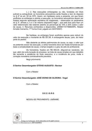 APELAÇÃO CÍVEL 2007 01 1 114289-3 APC


                 (...) 2. Nas execuções embargadas ou não, fundadas em título
judicial ou extrajudicial, os honorários advocatícios serão fixados a teor do disposto
no § 4º do art. 20 do CPC. Assim, em hipóteses como a presente, em que foram
acolhidos os embargos e extinta a execução, os honorários advocatícios devem ser
fixados segundo apreciação eqüitativa do magistrado, - observados os parâmetros
do § 3º, alíneas a, b e c do mesmo dispositivo legal -, que está livre para fixar um
valor determinado não estando adstrito ao percentual de 10% e 20% sobre o valor
da causa. 3. Recursos conhecidos e desprovidos. (20060110178884APC, Relator
Arnoldo Camanho, 1ª Turma Cível, julgado em 04/07/2007)


               Na hipótese, os embargos foram acolhidos apenas para reduzir do
valor da execução o montante de R$ 357,06. A embargante decaiu, pois, da maior
parte do pedido.
               Não obstante os efeitos patrimoniais da causa, ou seja, o valor que
se pretendia excluir da execução, a verba honorária deve ser fixada tomando-se por
base a complexidade da causa, o tempo exigido e o grau de zelo do profissional.
               Os honorários, fixados em R$ 800,00, afiguram-se razoáveis, eis
que, além da curta duração do processo, se trata de causa simples em que debatido
tão somente a existência do título executivo, e a incidência de juros, multa e
correção monetária contratualmente previstos.
                 Nego provimento.


O Senhor Desembargador OTÁVIO AUGUSTO - Revisor


                 Com o Relator


O Senhor Desembargador JOSÉ DIVINO DE OLIVEIRA - Vogal


                 Com o Relator



                                        DECISÃO


                 NEGOU-SE PROVIMENTO. UNÂNIME.




          Código de Verificação: 0AV8.2008.Z65U.N1P8.QBPH.WGVZ
GABINETE DO DESEMBARGADOR JAIR SOARES                                                              3
 