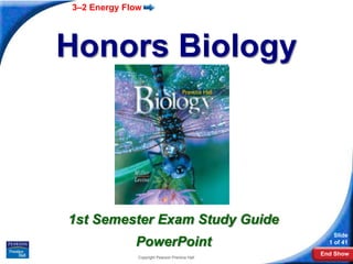 3–2 Energy Flow




Honors Biology




1st Semester Exam Study Guide
                                                    Slide
             PowerPoint                           1 of 41
                                                End Show
              Copyright Pearson Prentice Hall
 
