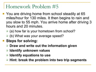 Homework Problem #5 You are driving home from school steadily at 65 miles/hour for 130 miles. It then begins to rain and you slow to 55 mph. You arrive home after driving 3 hours and 20 minutes. (a) how far is your hometown from school?  (b) What was your average speed? Steps for solving: Draw and write out the information given Identify unknown values Identify equations to use Hint: break the problem into two trip segments 