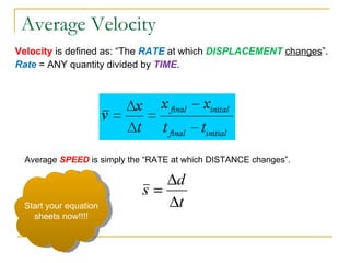 Average Velocity Velocity  is defined as:  “The  RATE  at which  DISPLACEMENT   changes ”.  Rate  = ANY quantity divided by  TIME .  Average  SPEED  is simply the  “RATE at which DISTANCE changes”. Start your equation sheets now!!!! 