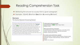 Reading Comprehension Task
´ Retrieving the answer to a query from a given paragraph
´ Example : SQUAD (Stanford Question Answering Dataset)
 