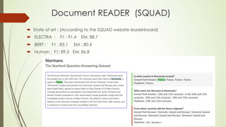 ´ State of art : (According to the SQUAD website leaderboard)
´ ELECTRA : F1 : 91.4 EM: 88.7
´ BERT : F1 : 83.1 EM : 80.4
´ Human : F1: 89.5 EM: 86.8
Document READER (SQUAD)
 