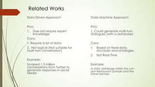 Data Driven Approach
Pros:
1. Doe not require expert
knowledge
Cons:
1. Require a lot of data
2. Not logical (Not suitable for
multi-turn conversation)
Example:
Scraped 1.3 million
conversations from Twitter to
generate responses in social
Media
State Machine Approach
Pros:
1. Could generate multi-turn
Dialogues (with a database)
Cons:
1. Based on fixed data,
structures and ontologies
2. Not Real-Time
Example:
A static database within the Lon-
don Restaurant Domain and the
travel domain.
Related Works
 