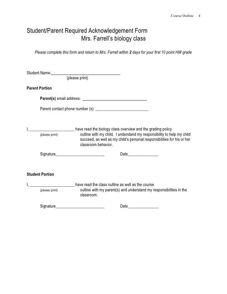 honors bio current 10 11 parent acknowledgement form