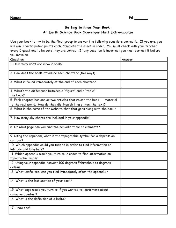 Honors E S Book Scavenger Hunt