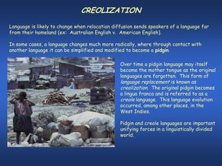 CREOLIZATION
Language is likely to change when relocation diffusion sends speakers of a language far
from their homeland (ex: Australian English v. American English).

In some cases, a language changes much more radically, where through contact with
another language it can be simplified and modified to become a pidgin.

                                                Over time a pidgin language may itself
                                                become the mother tongue as the original
                                                languages are forgotten. This form of
                                                language replacement is known as
                                                creolization. The original pidgin becomes
                                                a lingua franca and is referred to as a
                                                creole language. This language evolution
                                                occurred, among other places, in the
                                                West Indies.

                                                Pidgin and creole languages are important
                                                unifying forces in a linguistically divided
                                                world.
 