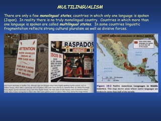 MULTILINGUALISM
There are only a few monolingual states, countries in which only one language is spoken
(Japan). In reality there is no truly monolingual country. Countries in which more than
one language is spoken are called multilingual states. In some countries linguistic
fragmentation reflects strong cultural pluralism as well as divisive forces.
 
