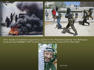 After decades of stalemate in negotiating a solution to the “Palestinian Question,” the PLO began a
bloody uprising (intifada) in 1987 to secure a Palestinian state in Gaza and the West Bank.




                                                                 Yasir Arafat
 