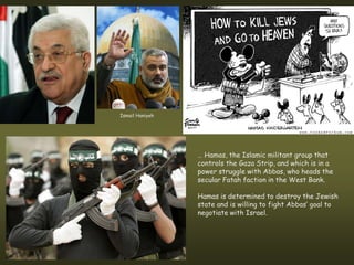 Ismail Haniyeh




                 … Hamas, the Islamic militant group that
                 controls the Gaza Strip, and which is in a
                 power struggle with Abbas, who heads the
                 secular Fatah faction in the West Bank.

                 Hamas is determined to destroy the Jewish
                 state and is willing to fight Abbas’ goal to
                 negotiate with Israel.
 