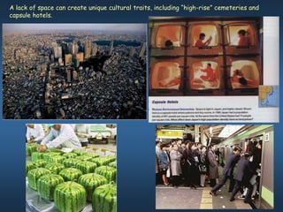 A lack of space can create unique cultural traits, including “high-rise” cemeteries and
capsule hotels.
 