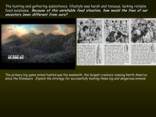 The hunting and gathering subsistence lifestyle was harsh and tenuous, lacking reliable
food surpluses. Because of this unreliable food situation, how would the lives of our
ancestors been different from ours?




The primary big-game animal hunted was the mammoth, the largest creature roaming North America
since the Dinosaurs. Explain the strategy for successfully hunting these big and dangerous animals.
 