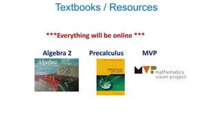 Textbooks / Resources
***Everything will be online ***
Algebra 2 Precalculus MVP
 