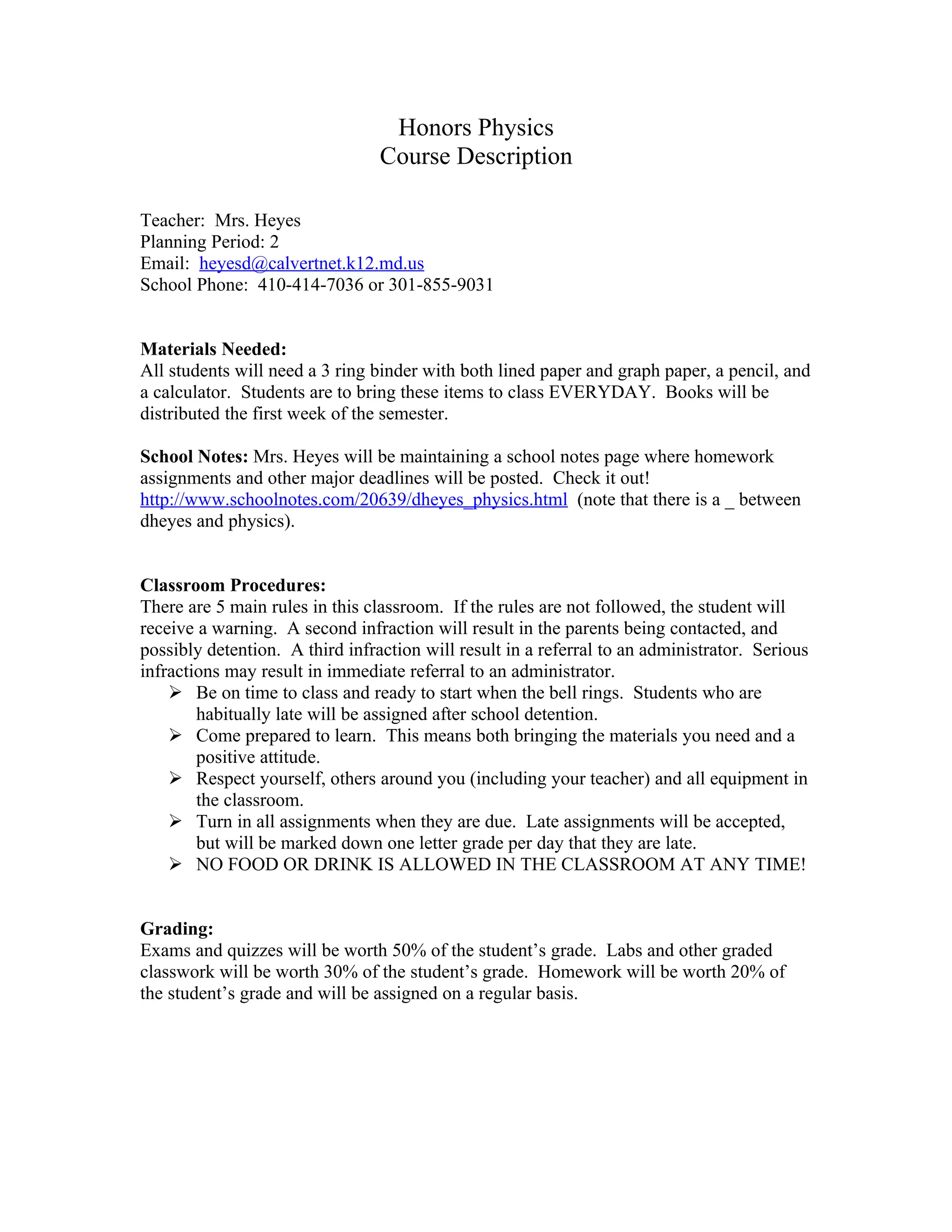 Honors Physics Course Outline Doc