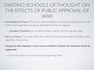 EXISTING SCHOOLS OFTHOUGHT ON
THE EFFECTS OF PUBLIC APPROVAL OF
WAR
• Event-ResponseTheory: The public reacts positively to shocking developments that are
positive and negatively to shocking developments that are negative
• Casualties Hypothesis:As casualties increase, support for the war decreases
• Elite CueTheory: The public takes their cues from their partisan elites and follow them
regardless of outcomes
• Going into this research, I was unsure of which of these two theories would be
supported.
• Each had similar amounts of research supporting them.
 