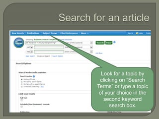 Look for a topic by
clicking on “Search
Terms” or type a topic
of your choice in the
second keyword
search box.

 