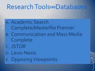 Research Tools∞Databases

A. Academic Search
   Complete/Masterfile Premier
B. Communication and Mass Media
   Complete
C. JSTOR
D. Lexis-Nexis
E. Opposing Viewpoints
 