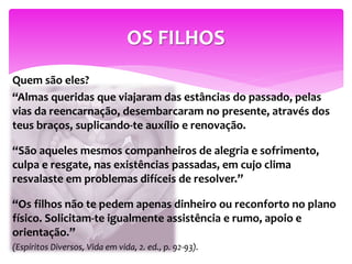 Quem são eles?
“Almas queridas que viajaram das estâncias do passado, pelas
vias da reencarnação, desembarcaram no presente, através dos
teus braços, suplicando-te auxílio e renovação.
“São aqueles mesmos companheiros de alegria e sofrimento,
culpa e resgate, nas existências passadas, em cujo clima
resvalaste em problemas difíceis de resolver.”
“Os filhos não te pedem apenas dinheiro ou reconforto no plano
físico. Solicitam-te igualmente assistência e rumo, apoio e
orientação.”
(Espíritos Diversos, Vida em vida, 2. ed., p. 92-93).
OS FILHOS
 
