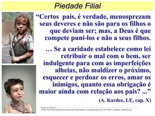 “Certos pais, é verdade, menosprezam
seus deveres e não são para os filhos o
que deviam ser; mas, a Deus é que
compete puni-los e não a seus filhos.
… Se a caridade estabelece como lei
retribuir o mal com o bem, ser
indulgente para com as imperfeições
alheias, não maldizer o próximo,
esquecer e perdoar os erros, amar os
inimigos, quanto essa obrigação é
maior ainda com relação aos pais? ...”
(A. Kardec, LE, cap. X)
Piedade FilialPiedade Filial
Acesso em 16Set13. http://1.bp.blogspot.com/-_ogSTjQKlSE/Tsfsj_eGqlI/AAAAAAAACZY/ERpY5ZbJFSw/s320/jpa1.jpg
e http://www.diarioliberdade.org/archivos/Colaboradores_avanzados/manu/2012-05/240512_trabalho_infantil22.jpg
 