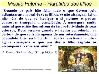 “Quando os pais hão feito tudo o que devem pelo
adiantamento moral de seus filhos, se não alcançam êxito,
não têm de que se inculpar a si mesmos e podem
conservar tranquila a consciência. À amargura muito
natural que então lhes advém da improdutividade de seus
esforços, Deus reserva grande e imensa consolação, na
certeza de que se trata apenas de um retardamento, que
concedido lhes será concluir noutra existência a obra
agora começada e que um dia o filho ingrato os
recompensará com seu amor.”
(A. Kardec - Sto Agostinho, ESE, cap. 14, item 9)
Missão Paterna – ingratidão dos filhosMissão Paterna – ingratidão dos filhos
Acesso em 16Set13http://media.tumblr.com/tumblr_m99vqcZDGi1rod8uj.jpg
 