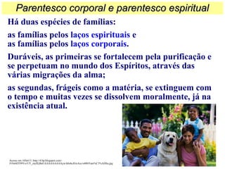 Parentesco corporal e parentesco espiritualParentesco corporal e parentesco espiritual
Há duas espécies de famílias:
as famílias pelos laços espirituais e
as famílias pelos laços corporais.
Duráveis, as primeiras se fortalecem pela purificação e
se perpetuam no mundo dos Espíritos, através das
várias migrações da alma;
as segundas, frágeis como a matéria, se extinguem com
o tempo e muitas vezes se dissolvem moralmente, já na
existência atual.
Acesso em 16Set13. http://4.bp.blogspot.com/-
iV0z6DT99Vo/UY_myfEjBeI/AAAAAAAAAyw/kbsbcJGxAxc/s400/Fam%C3%ADlia.jpg
 