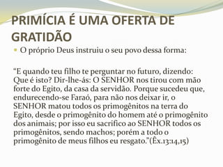 PRIMÍCIA É UMA OFERTA DE
GRATIDÃO
 O próprio Deus instruiu o seu povo dessa forma:

“E quando teu filho te perguntar no futuro, dizendo:
Que é isto? Dir-lhe-ás: O SENHOR nos tirou com mão
forte do Egito, da casa da servidão. Porque sucedeu que,
endurecendo-se Faraó, para não nos deixar ir, o
SENHOR matou todos os primogênitos na terra do
Egito, desde o primogênito do homem até o primogênito
dos animais; por isso eu sacrifico ao SENHOR todos os
primogênitos, sendo machos; porém a todo o
primogênito de meus filhos eu resgato.”(Êx.13:14,15)

 