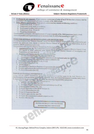 B.Com 1st Sem. (Hons.) Subject- Business Regulatory Framework
45, Anurag Nagar, Behind Press Complex, Indore (M.P.) Ph.: 4262100, www.rccmindore.com
45
 