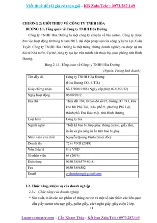 Viết thuê đề tài giá rẻ trọn gói - KB Zalo/Tele : 0973.287.149
Luanvanmaster.com – Cần Kham Thảo - Kết bạn Zalo/Tele : 0973.287.149
CHƯƠNG 2: GIỚI THIỆU VỀ CÔNG TY TNHH HÒA
ĐƯỜNG 2.1. Tổng quan về Công ty TNHH Hòa Đường
Công ty TNHH Hòa Đường là một công ty chuyên về bìa carton. Công ty được
đưa vào hoạt động từ tháng 8 năm 2012, đại diện pháp luật của công ty là bà Lợi Xuân
Tuyết. Công ty TNHH Hòa Đường là một trong những doanh nghiệp có được sự ưu
đãi từ Nhà nước. Cụ thể, công ty tọa lạc trên mảnh đất thuộc bộ quốc phòng tỉnh Bình
Dương.
Bảng 2.1.1. Tổng quan về Công ty TNHH Hòa Đường
(Nguồn: Phòng kinh doanh)
Tên đầy đủ Công ty TNHH Hòa Đường
(Hoa Duong CO., LTD.)
Giấy chứng nhận Số 3702010188 (Ngày cấp phép 07/03/2012)
Ngày hoạt động 06/08/2012
Địa chỉ Thửa đất 730, tờ bản đồ số 07, đường ĐT 743, khu
kho bãi Phú Tài, Khu phố 9, phường Phú Lợi,
thành phố Thủ Dầu Một, tỉnh Bình Dương.
Loại hình Công ty bìa
Ngành nghề Thiết kế bao bì, hộp giấy, thùng carton, giấy tấm,
in ấn và gia công in ấn trên bao bì giấy.
Nhân viên chủ chốt Nguyễn Quang Vinh (Giám đốc)
Doanh thu 72 tỷ VND (2019)
Vốn điều lệ 8 tỷ VND
Số nhân viên 64 (2019)
Điện thoại 0650 3856579-80-81
Fax 0650 3856582
Email ctyhoaduong@gmail.com
2.2. Chức năng, nhiệm vụ của doanh nghiệp
2.2.1. Chức năng của doanh nghiệp
− Sản xuất, in ấn các sản phẩm về thùng carton và một số sản phẩm các liên quan
đến giấy carton như nẹp giấy, pallet giấy, vách ngăn giấy, giấy cuộn 2 lớp.
14
 