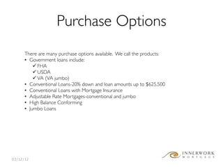 Purchase Options
      There are many purchase options available. We call the products:
      • Government loans include:
           FHA
           USDA
           VA (VA jumbo)
      • Conventional Loans-20% down and loan amounts up to $625,500
      • Conventional Loans with Mortgage Insurance
      • Adjustable Rate Mortgages-conventional and jumbo
      • High Balance Conforming
      • Jumbo Loans




03/12/12
 