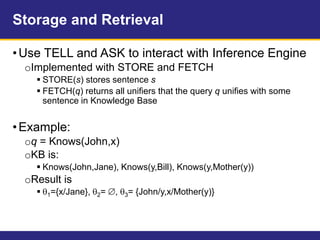 Storage and Retrieval
•Use TELL and ASK to interact with Inference Engine
oImplemented with STORE and FETCH
 STORE(s) stores sentence s
 FETCH(q) returns all unifiers that the query q unifies with some
sentence in Knowledge Base
•Example:
oq = Knows(John,x)
oKB is:
 Knows(John,Jane), Knows(y,Bill), Knows(y,Mother(y))
oResult is
 1={x/Jane}, 2=, 3= {John/y,x/Mother(y)}
 
