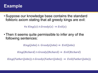 Example
• Suppose our knowledge base contains the standard
folkloric axiom stating that all greedy kings are evil:
∀𝑥 𝐾𝑖𝑛𝑔 𝑥 ∧ 𝐺𝑟𝑒𝑒𝑑𝑦 𝑥 ⇒ 𝐸𝑣𝑖𝑙(𝑥)
• Then it seems quite permissible to infer any of the
following sentences:
𝐾𝑖𝑛𝑔 𝐽𝑜ℎ𝑛 ∧ 𝐺𝑟𝑒𝑒𝑑𝑦 𝐽𝑜ℎ𝑛 ⇒ 𝐸𝑣𝑖𝑙 𝐽𝑜ℎ𝑛
𝐾𝑖𝑛𝑔 𝑅𝑖𝑐ℎ𝑎𝑟𝑑 ∧ 𝐺𝑟𝑒𝑒𝑑𝑦 𝑅𝑖𝑐ℎ𝑎𝑟𝑑 ⇒ 𝐸𝑣𝑖𝑙 𝑅𝑖𝑐ℎ𝑎𝑟𝑑
𝐾𝑖𝑛𝑔(𝐹𝑎𝑡ℎ𝑒𝑟(𝐽𝑜ℎ𝑛)) ∧ 𝐺𝑟𝑒𝑒𝑑𝑦(𝐹𝑎𝑡ℎ𝑒𝑟(𝐽𝑜ℎ𝑛)) ⇒ 𝐸𝑣𝑖𝑙(𝐹𝑎𝑡ℎ𝑒𝑟(𝐽𝑜ℎ𝑛))
 