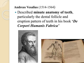 Andreas Vesalius (1514-1564)
 Described minute anatomy of teeth,
particularly the dental follicle and
eruption pattern of teeth in his book ‘De
Corpori Humanis Fabrica’
 