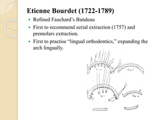 Etienne Bourdet (1722-1789)
 Refined Fauchard’s Bandeau
 First to recommend serial extraction (1757) and
premolars extraction.
 First to practise “lingual orthodontics,” expanding the
arch lingually.
 