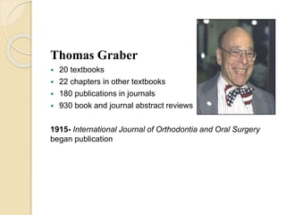 Thomas Graber
 20 textbooks
 22 chapters in other textbooks
 180 publications in journals
 930 book and journal abstract reviews
1915- International Journal of Orthodontia and Oral Surgery
began publication
 