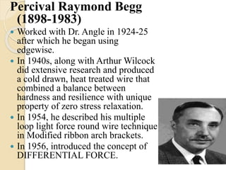 Percival Raymond Begg
(1898-1983)
 Worked with Dr. Angle in 1924-25
after which he began using
edgewise.
 In 1940s, along with Arthur Wilcock
did extensive research and produced
a cold drawn, heat treated wire that
combined a balance between
hardness and resilience with unique
property of zero stress relaxation.
 In 1954, he described his multiple
loop light force round wire technique
in Modified ribbon arch brackets.
 In 1956, introduced the concept of
DIFFERENTIAL FORCE.
 
