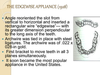 THE EDGEWISE APPLIANCE (1928)
 Angle reoriented the slot from
vertical to horizontal and inserted a
rectangular wire “edgewise”— with
its greater dimension perpendicular
to the long axis of the teeth.
 Archwire was tied in place with steel
ligatures. The archwire was of .022 x
028-in gold.
 First bracket to move teeth in all 3
planes simultaneously.
 It soon became the most popular
appliance in the United States.
 