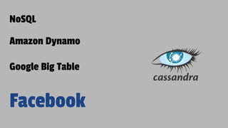 Amazon Dynamo
Google Big Table
Facebook
NoSQL
 