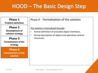 Phase 4 : Formalization of the solution
The solution is formalized through:
• formal definition of provided object interfaces.
• formal description of object and operation control
structures.
Phase 1
Problem definition
Phase 2
Development of
solution strategy
Phase 3
Formalization of the
strategy
Phase 4
Formalization of the
solution
6/3/2014 10Sahib Babbar - sahib.babbar@gmail.com
 