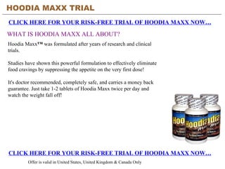 HOODIA MAXX TRIAL   CLICK HERE FOR YOUR RISK-FREE TRIAL OF HOODIA MAXX NOW… CLICK HERE FOR YOUR RISK-FREE TRIAL OF HOODIA MAXX NOW… Offer is valid in United States, United Kingdom & Canada Only WHAT IS HOODIA MAXX ALL ABOUT? Hoodia Maxx ™  was formulated after years of research and clinical trials.  Studies have shown this powerful formulation to effectively eliminate food cravings by suppressing the appetite on the very first dose!  It's doctor recommended, completely safe, and carries a money back guarantee. Just take 1-2 tablets of Hoodia Maxx twice per day and watch the weight fall off!  