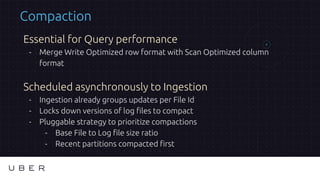 Compaction
Essential for Query performance
- Merge Write Optimized row format with Scan Optimized column
format
Scheduled ...