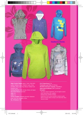 Hoodies For Women




   Major Product Range: sports T-shirt, Polo-shirt,   R & D Department: Yes
   Jacket, Pullover, Vest, Children's wear, Dress     Production Lead Time: 45-90 days
   and Skirt, short, Tank Top, Blouse, football and   Monthly Production Capacity: 200,000 pcs
   baseball wear                                      Approvals/Certificates: GMC Certificate
   Existing Markets: USA, Europe, Korea and Japan     Strengths:
   Own Brand Name: Sunraiser                          - Ten years export experience, 5S and segima system
   OEM: Yes                                           - Solid relationship with suppliers
   ODM: Yes                                           - Globalmarket vertified member
   Factory Location: Qingdao Garment Industrial       - Experience QA to assure excellent product quality
                                                      - Able to provide advice to buyer and make their ideas
   Zone, Jimo City, Qingdao, China
                                                        become reality
   No. of Workers: 486




海天1104.indd    1                                                                                          2011-4-22   10:11:40
 