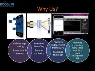 Why Us?




                              Platform    Improves
Deliver apps   Real-time
                           Independent   productivity
  quickly;     benefits;
                            framework;   many times
Saves time &   Broader                    even for a
                            Maximize        single
   money       audience
                            the reach    smartphone
                                              OS
 