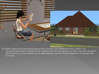 Ze hebben allemaal al een baantje gevonden. Esmay in de Ordehandhaving, Kristof in de
    paranormale sector en Tamara in de carrière sport. Al is ze nog druk op zoek naar een baantje in
    de Architectuur. En ze hebben het er allemaal best naar hun zin en vertrekken met plezier naar
    hun werk.
 